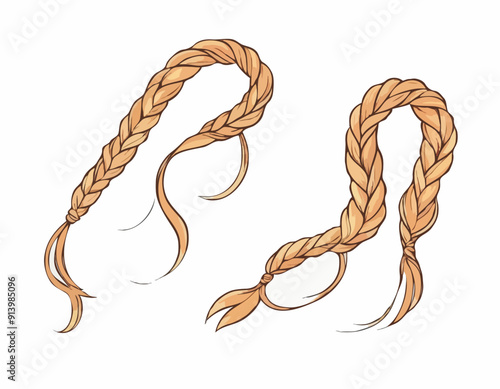 Hair braid. Long female fashion plait. Vector illustration of human hair in natural color. Cartoon art illustration with ribbon isolated on white background 
