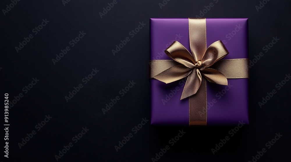 Dark purple gift box with elegant gold ribbon Dark purple gift box with elegant gold ribbon