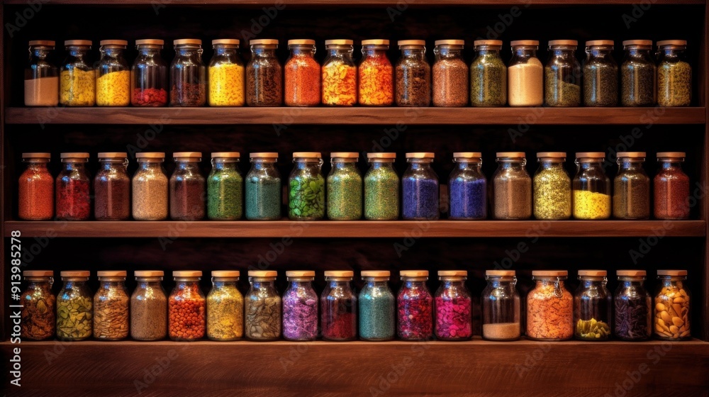 Colorful Spices in Glass Jars on Wooden Shelves Colorful Spices in Glass Jars on Wooden Shelves