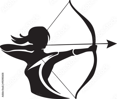 silhouette of female archer aiming with bow, suitable for logo