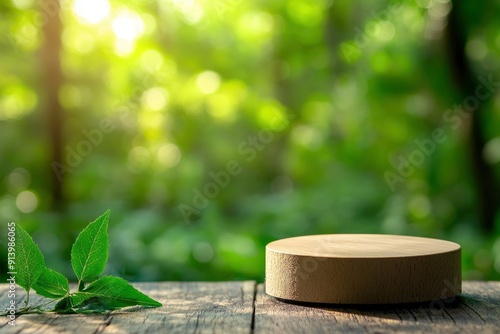 product podium in nature outdoors forest blurred green background. natural product placement, with generative ai