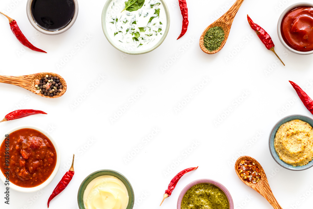 Set of sauces in bowls with spices in spoons and ingredients, top view Set of sauces in bowls with spices in spoons and ingredients, top view