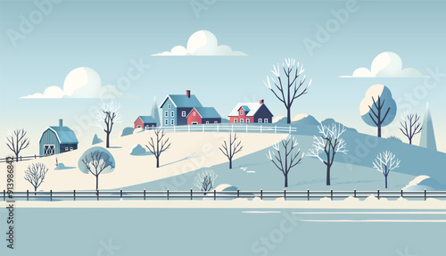  Rural Snowy Village Scene in Wintertime