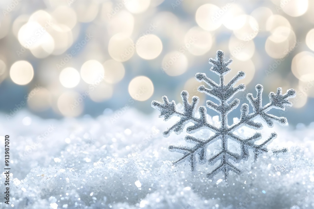 Sparkling Silver Snowflakes on Snow With a Festive Bokeh Background - Christmas Still Life Banner Sparkling Silver Snowflakes on Snow With a Festive Bokeh Background - Christmas Still Life Banner