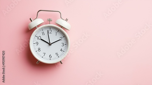 An alarm clock on a pastel pink background.