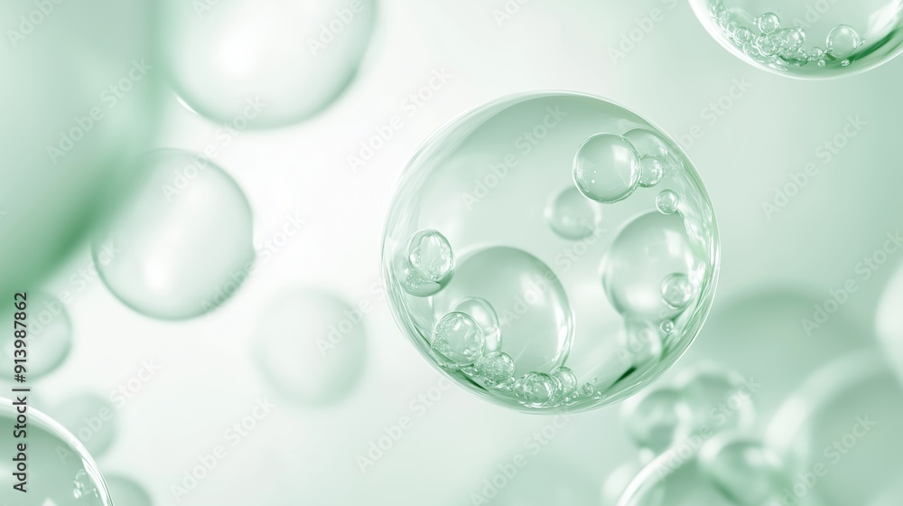 A close up of bubbles and drops, on a green background. A close up of bubbles and drops, on a green background.