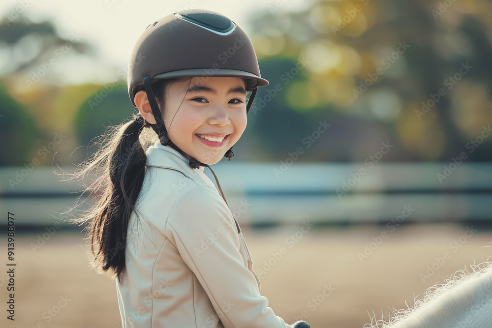 A girl of Asian appearance with a smile sits astride a white horse, engages in equestrian sports in a modern school, development concept, advertising banner. A girl of Asian appearance with a smile sits astride a white horse, engages in equestrian sports in a modern school, development concept, advertising banner.