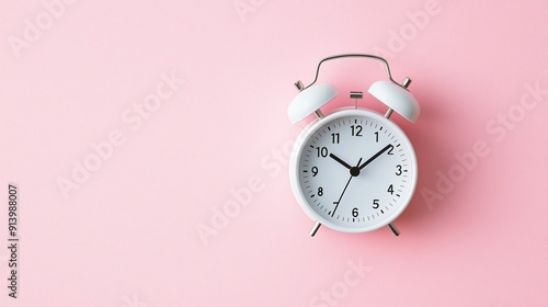 An alarm clock on a pastel pink background.