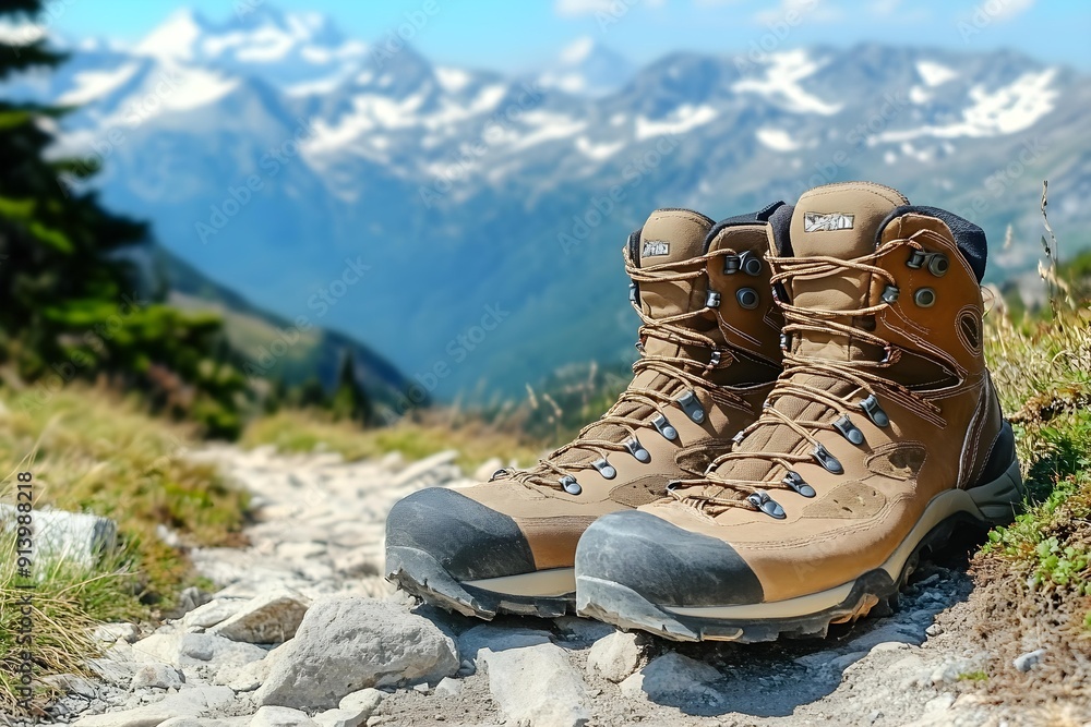Isolated hiking boots on mountain trail surrounded by stunning panoramic scenery Isolated hiking boots on mountain trail surrounded by stunning panoramic scenery