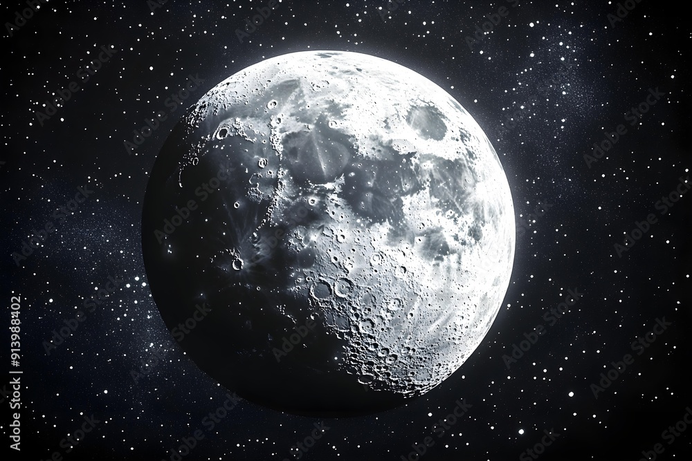 Naklejka premium Magical view realistic grey surfaced moon in deep outer space with numerous stars, 3d render