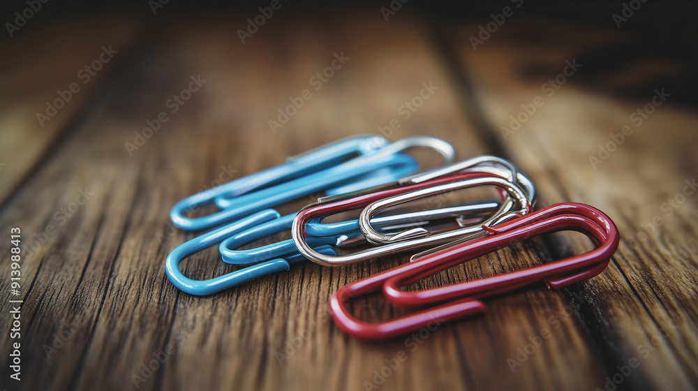 Photo of some paper clips lying on a wooden table, showcasing their simple design against the natural wood grain. Photo of some paper clips lying on a wooden table, showcasing their simple design against the natural wood grain.