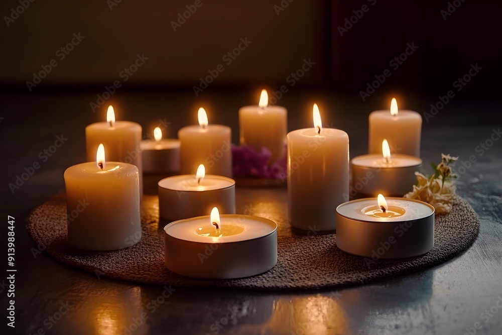 Minimalist circle of candles emitting warm inviting light, focused on gentle glow Minimalist circle of candles emitting warm inviting light, focused on gentle glow