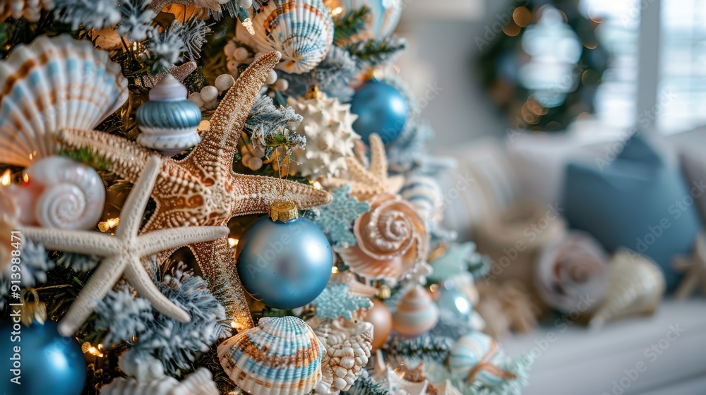 Obraz premium A coastal-themed Christmas tree adorned with seashells, starfish, and ocean-blue ornaments. 