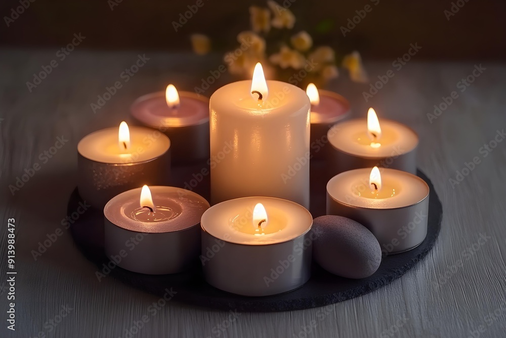 Minimalist circle of candles emitting warm inviting light, focused on gentle glow Minimalist circle of candles emitting warm inviting light, focused on gentle glow