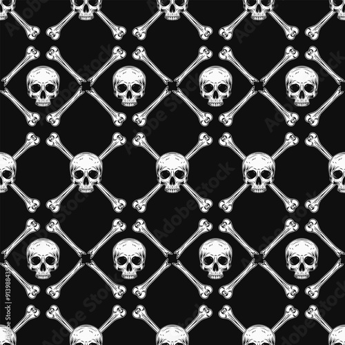 Geometric black and white Halloween pattern with square grid with rhombus cells, broken bones, half skull without jaw on dark background. Classic grid pattern. Vintage style.