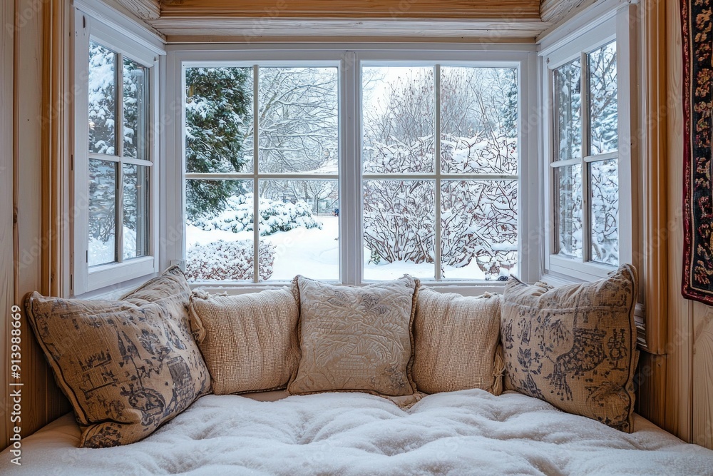 A cozy nook with a window seat, adorned with plush cushions and a view of a snow-covered garden. A cozy nook with a window seat, adorned with plush cushions and a view of a snow-covered garden.
