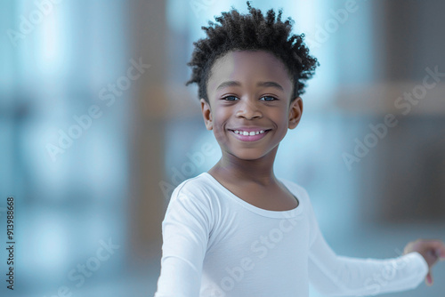 close up photo of seven year old african american boy with smile doing ballet in modern ballet school, development concept, advertising banner photo