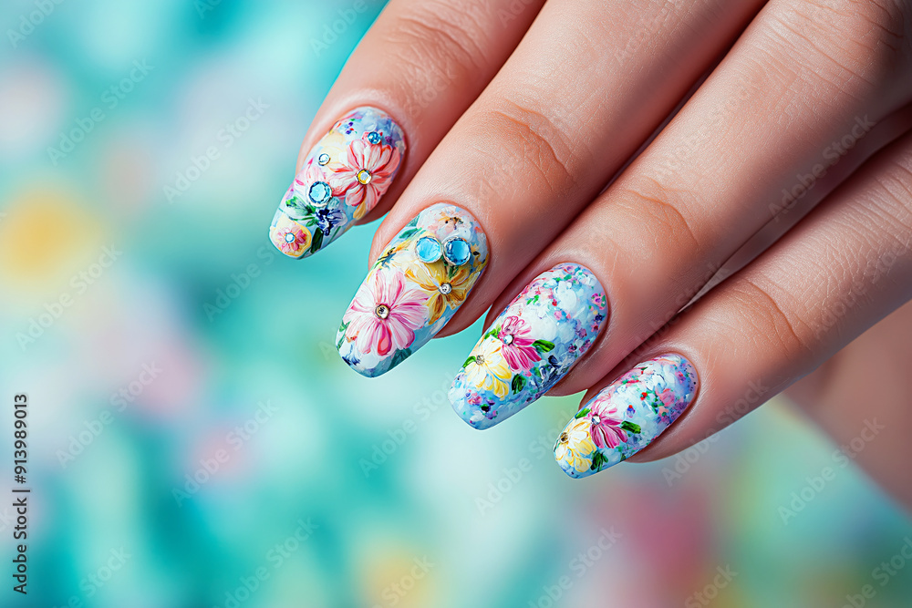 Close-up of intricate nail art design featuring floral patterns and gemstones, set against a soft pastel background. Close-up of intricate nail art design featuring floral patterns and gemstones, set against a soft pastel background.