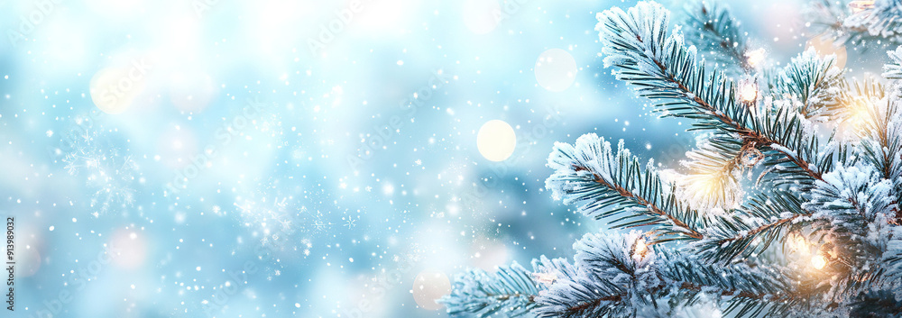 Dreamy Christmas Winter Scene with Bokeh, Sparkling Snowflakes, and Christmas Tree Branches, Light Blue and White Blurred Background for Festive and Seasonal Use Dreamy Christmas Winter Scene with Bokeh, Sparkling Snowflakes, and Christmas Tree Branches, Light Blue and White Blurred Background for Festive and Seasonal Use