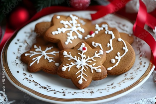 Assorted gingerbread cookies on plate with red ribbon, minimalist focus on shapes and decoration