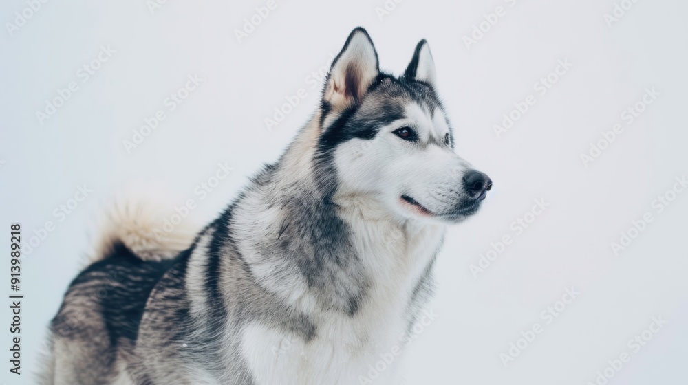 Majestic husky dog standing in a snow-covered scenery and gazing into the distance Majestic husky dog standing in a snow-covered scenery and gazing into the distance