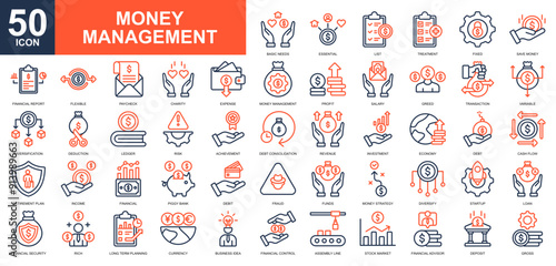 Money Management icon collection set. Maekrting, management, financial strategy, investment, bank, currency. Simple line color vector.