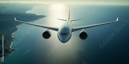 Airplane flying above calm sea, reflection on water, bright light, aerial perspective, tranquil scene, high altitude, aviation travel, serene journey, ocean landscape, copy space

