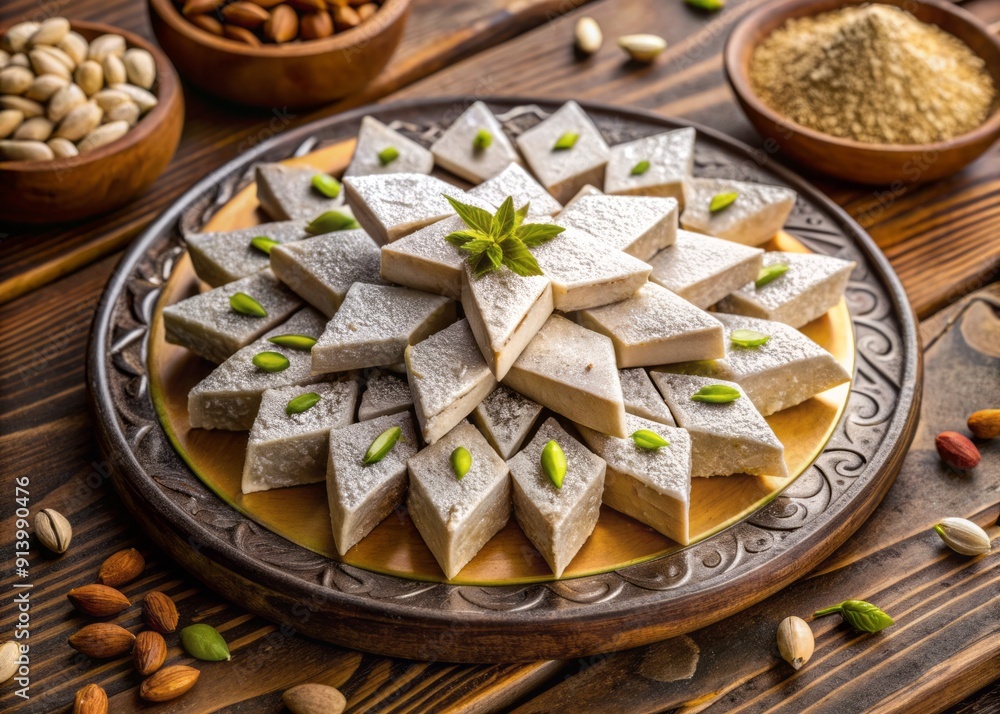 Delicate diamond-shaped Kaju Katli sweets, made from cashews and sugar, garnished with edible silver leaf and pistachios, arranged on a decorative wooden platter. Delicate diamond-shaped Kaju Katli sweets, made from cashews and sugar, garnished with edible silver leaf and pistachios, arranged on a decorative wooden platter.