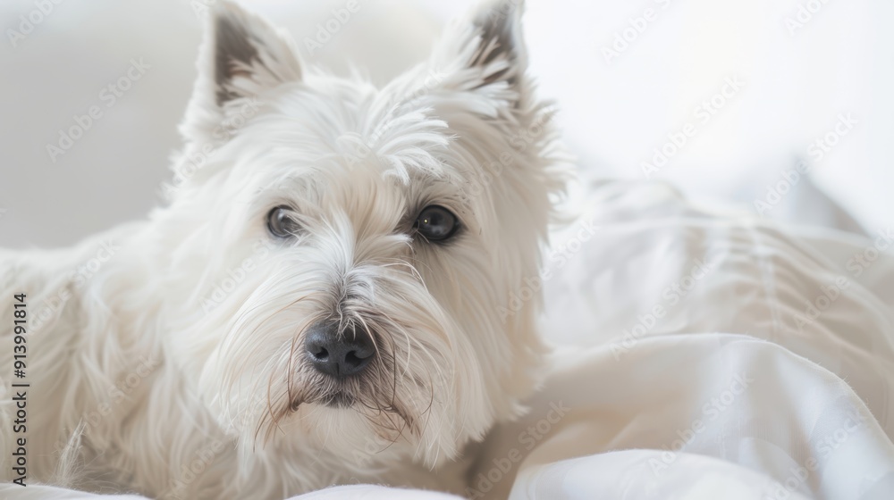 West highland white terrier dog is lying on a bed with white linen, enjoying a moment of peace and quiet West highland white terrier dog is lying on a bed with white linen, enjoying a moment of peace and quiet