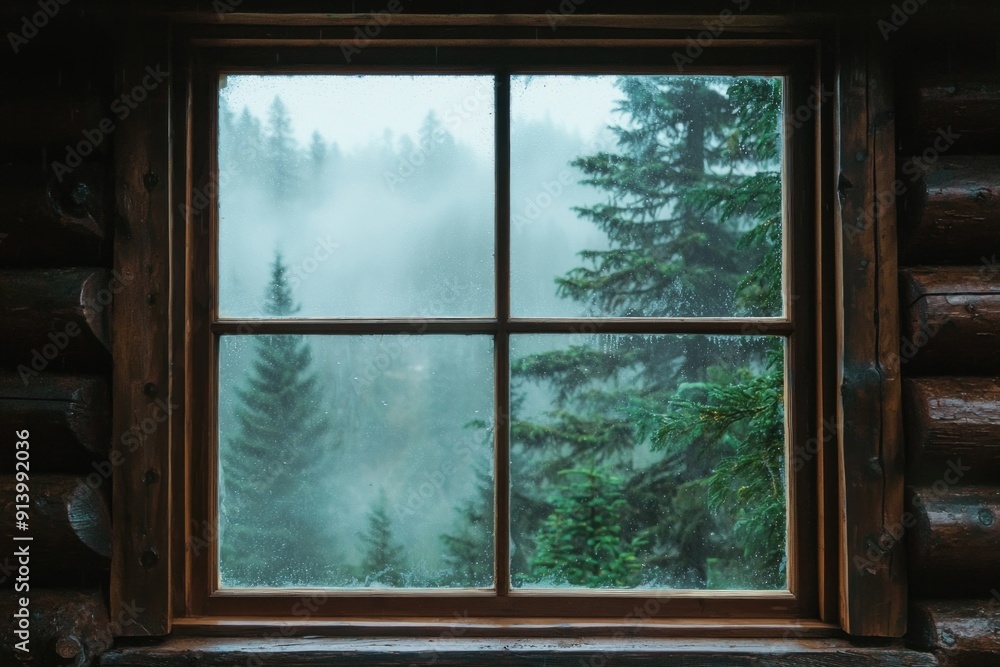 Fototapeta premium A window on a cozy log cabin, with the silhouette of pine trees outside. 