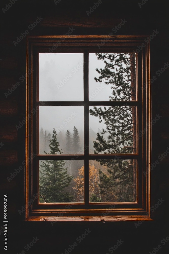 A window on a cozy log cabin, with the silhouette of pine trees outside. A window on a cozy log cabin, with the silhouette of pine trees outside.