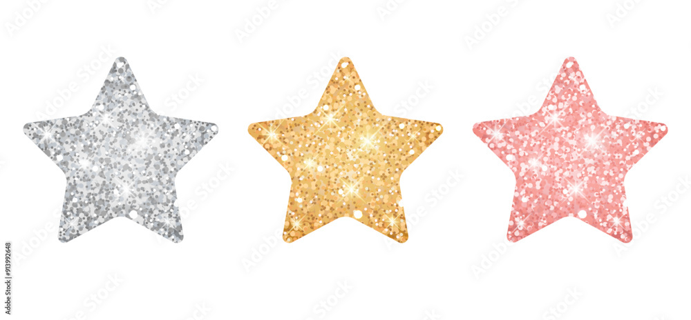 Silver, golden and pink stars with glitter. Silver, golden and pink stars with glitter.