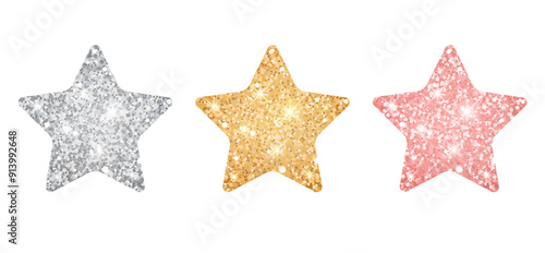 Silver, golden and pink stars with glitter. 