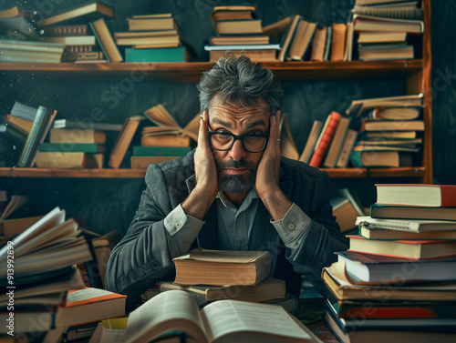 Wallpaper Mural  Tired Male Teacher With Stack Of Books At Desk. Torontodigital.ca