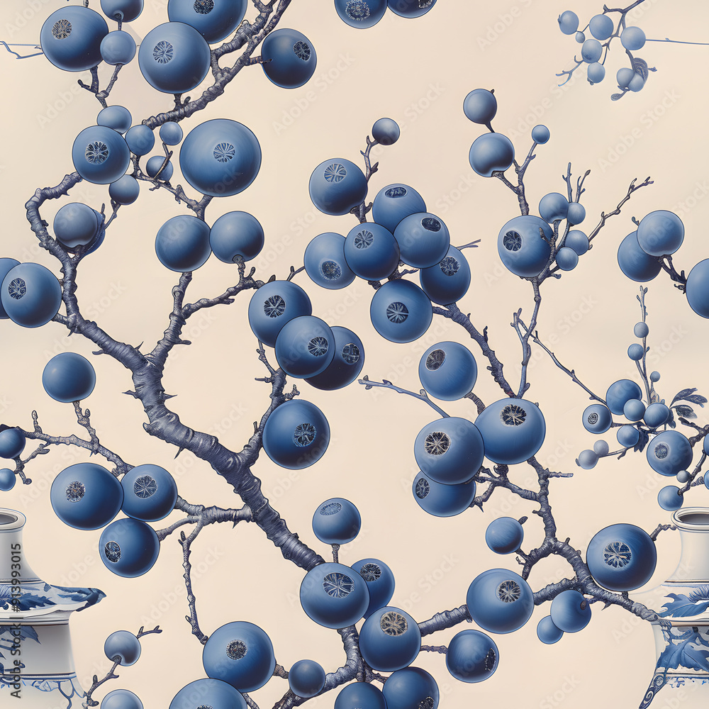 The branches display an elegant design featuring spherical fruitlike motifs, reminiscent of classic blue ceramic patterns, beautifully merging art with elements from the natural world The branches display an elegant design featuring spherical fruitlike motifs, reminiscent of classic blue ceramic patterns, beautifully merging art with elements from the natural world