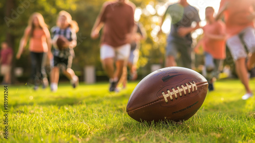 Family playing American football outside with ball in focus and children running in background for a fun outdoor activity