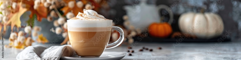 Pumpkin spice latte or coffee in a double layered glass cup on a gray table A hot autumn or winter beverage in a festive table setting Pumpkin spice latte or coffee in a double layered glass cup on a gray table A hot autumn or winter beverage in a festive table setting
