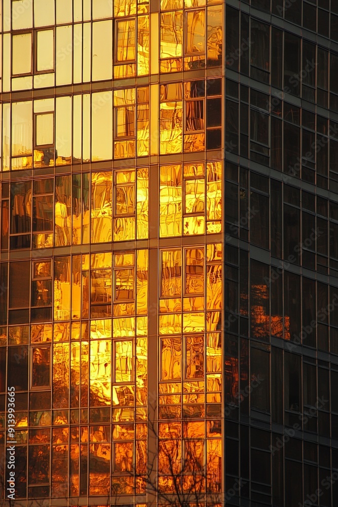 A high-rise apartment window, reflecting the golden hues of a setting sun. A high-rise apartment window, reflecting the golden hues of a setting sun.