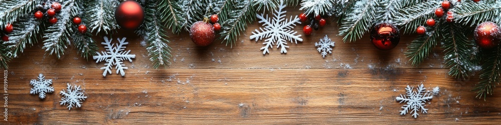 Fototapeta premium Festive Winter Wonderland: 4K Wallpaper of Christmas Snowflakes on Rustic Wooden Table. Charming Holiday Background with Copy Space for Creative Marketing and Seasonal Promotions. Perfect for New Year