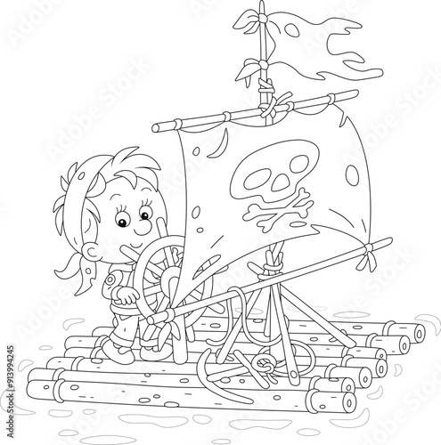 Happy little boy playing sea pirate with a sail with Jolly Roger and a toy wooden steering wheel, black and white outline vector cartoon illustration for a coloring book page
