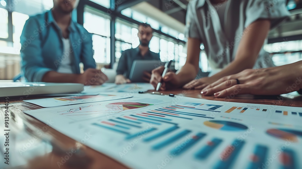 Obraz premium A detailed close-up of colleagues working on a project with charts and graphs in the background, representing teamwork, captured from an eye-level perspective,