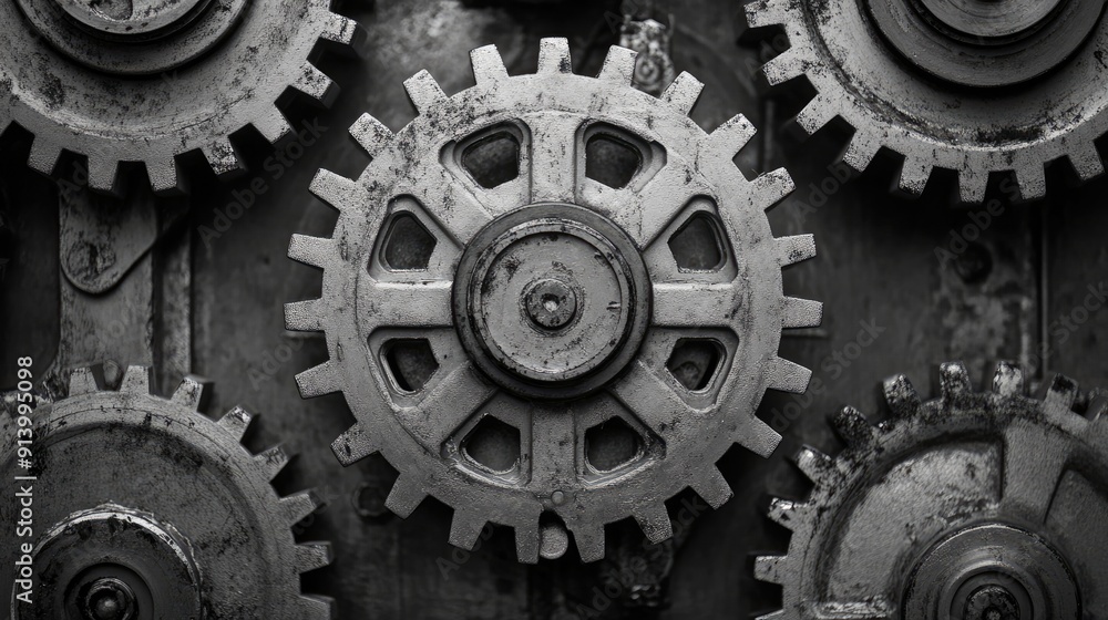 Close-up view of interlocking metal gears forming a complex mechanism in monochrome Close-up view of interlocking metal gears forming a complex mechanism in monochrome
