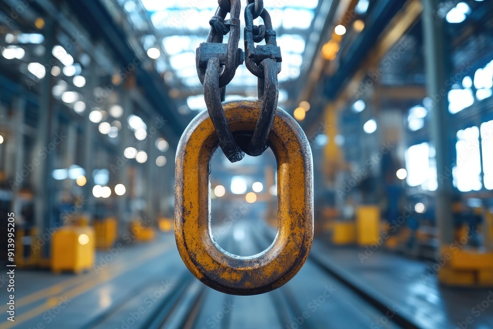Heavy industrial chain hanging in a steel factory Heavy industrial chain hanging in a steel factory