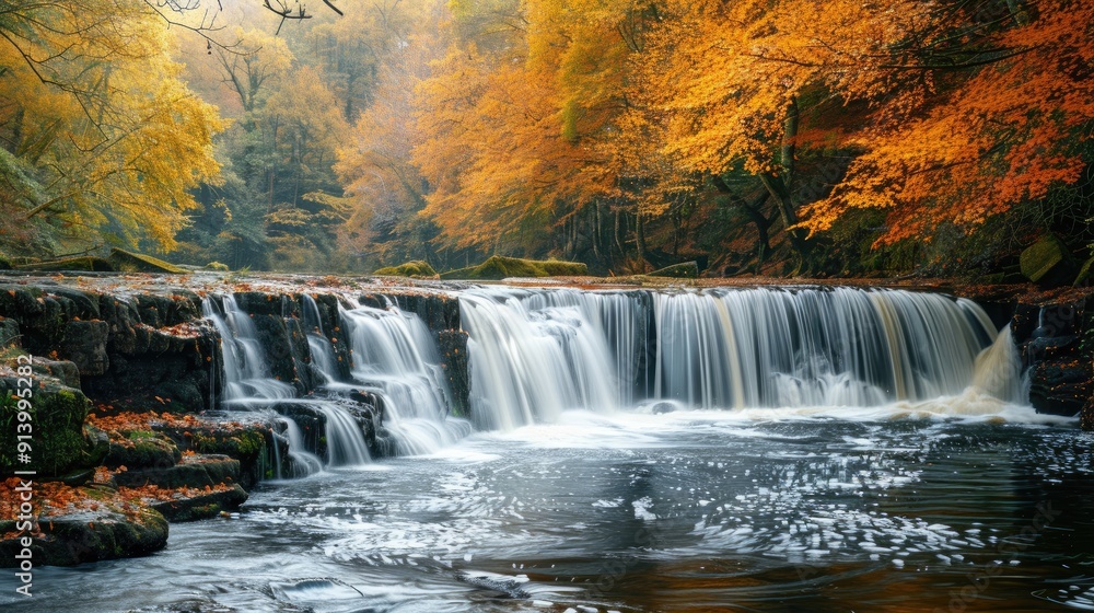 Obraz premium Small waterfall flowing into river surrounded by autumn foliage