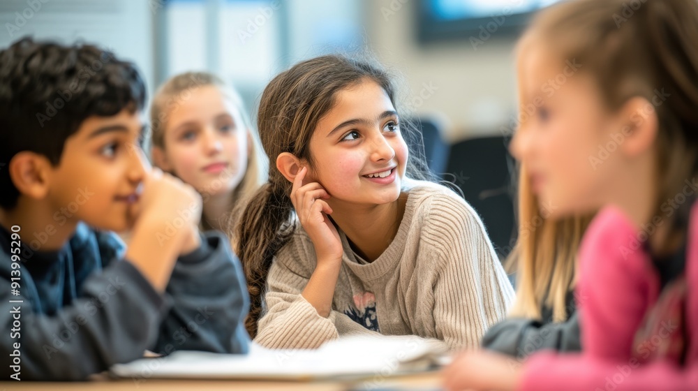Fototapeta premium A diverse group of students participating in a language immersion program, practicing conversation, reading, and writing in a foreign language, with cultural materials, language guides, and an