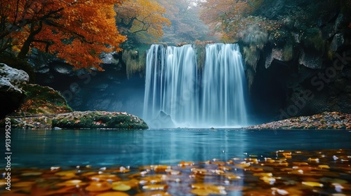 Waterfall flowing into river surrounded by autumn foliage