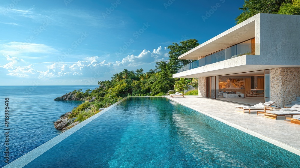 Fototapeta premium Luxury infinity pool overlooking the ocean at a modern villa