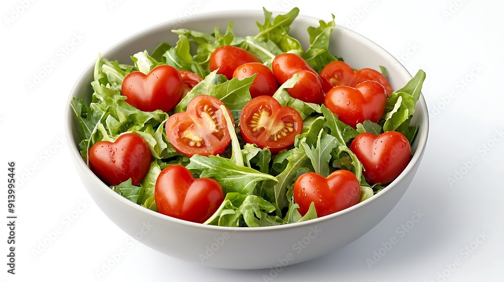 Healthy salad in a bowl with heart-shaped tomatoes, more clarity with clear light and sharp focus, high detailed Healthy salad in a bowl with heart-shaped tomatoes, more clarity with clear light and sharp focus, high detailed