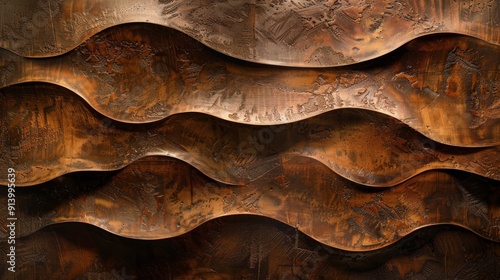 Abstract background of flowing copper waves with textured patina, suitable for backgrounds and textures. Concepts. metallic, industrial, design, art