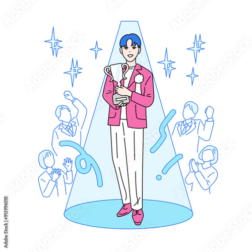 トロフィーを持ち表彰される男性のイラスト　主人公